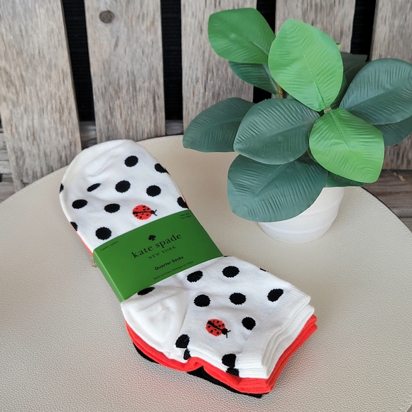 kate spade Accessories - Kate Spade Ladybug White Crew Socks, Solid Red & Black 3 pair